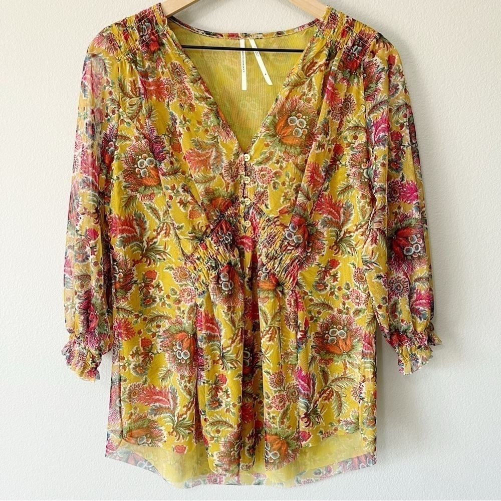 By Anthropologie Medium Gretchen Smocked Floral Print Tunic Top Mesh Mustard - Picture 3 of 11